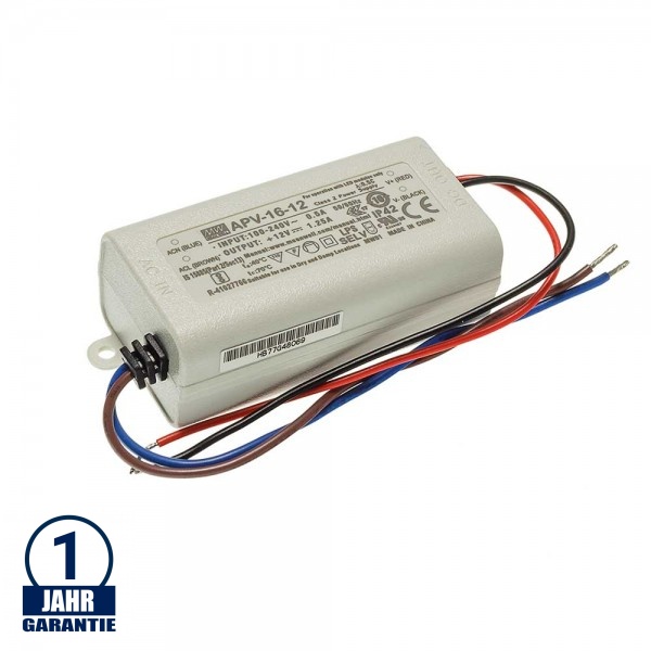 MEAN WELL 16W 12V DC Kunststoff Netzteil IP42 MEAN WELL 16W 12V DC Kunststoff Netzteil IP42