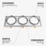 Einbaurahmen für LED AR111 Rechteckig 485x185mm Schwenkbar 3 Spots Silber 2er Packung