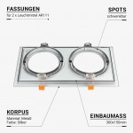 Einbaurahmen für LED AR111 Rechteckig 335x185mm Schwenkbar 2 Spots Silber 2er Packung Einbaurahmen für LED AR111 Rechteckig 335x185mm Schwenkbar 2 Spots Silber 2er Packung