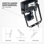 10W LED SMD Fluter City Line Schwarz mit Bewegungsmelder Warmweiß