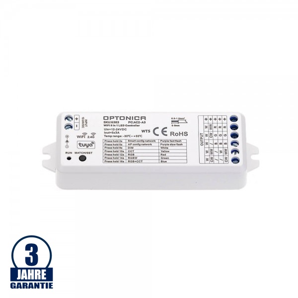 LED Smart Controller Single Color • CCT • RGB • RGBW • RGBCCT Funk- und WiFi-Steuerung - 12-24 V DC, 5 x 3A LED Smart Controller Single Color • CCT • RGB • RGBW • RGBCCT Funk- und WiFi-Steuerung - 12-24 V DC, 5 x 3A